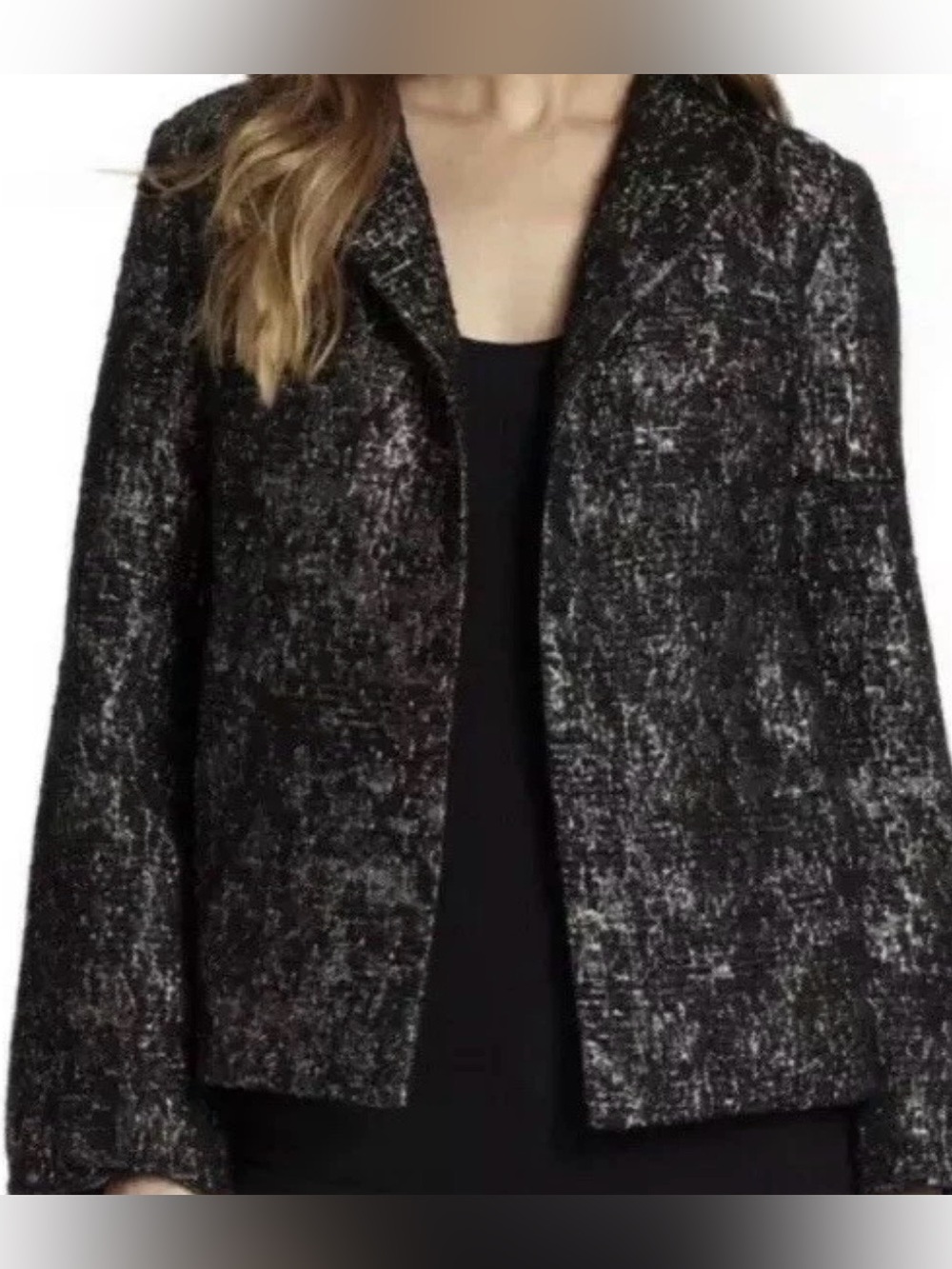 Eileen Fisher jacquard black metallic Textured Open-Front Blazer size L